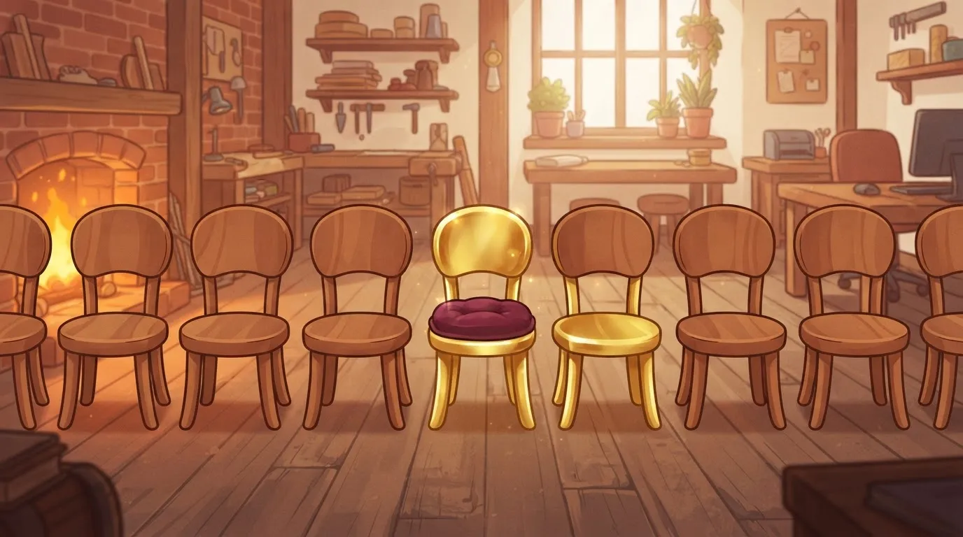 A row of identical wooden chairs, but one chair in the middle is plated in polished gold and has a velvet cushion.
