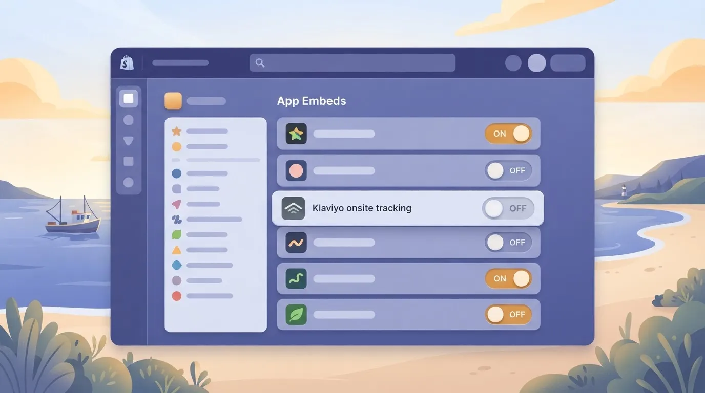 Theme editor app embeds panel with Klaviyo onsite tracking toggle switched off