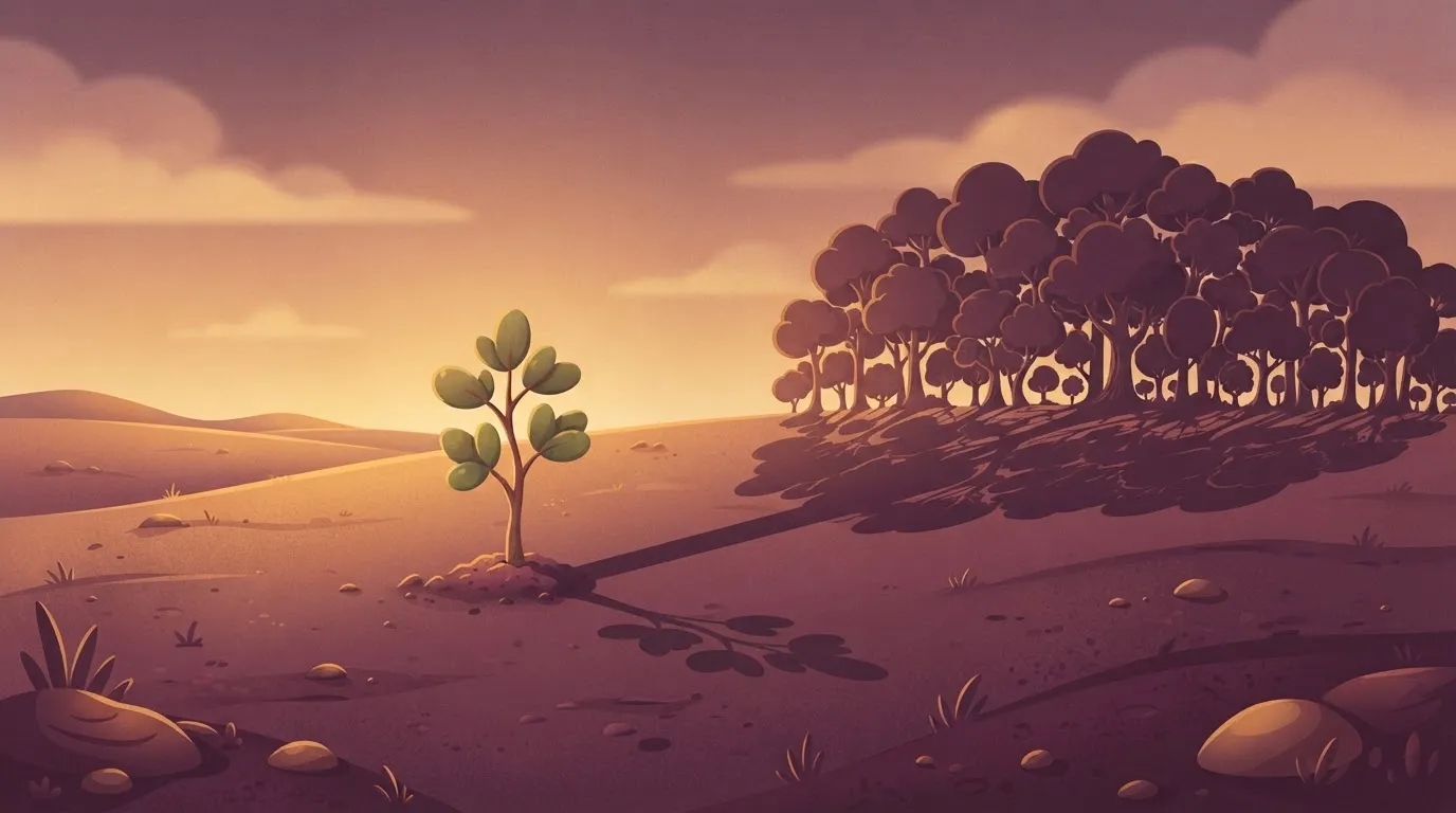 A single, small sapling planted in the ground, casting a shadow that shows a massive, fully grown forest stretching to the…