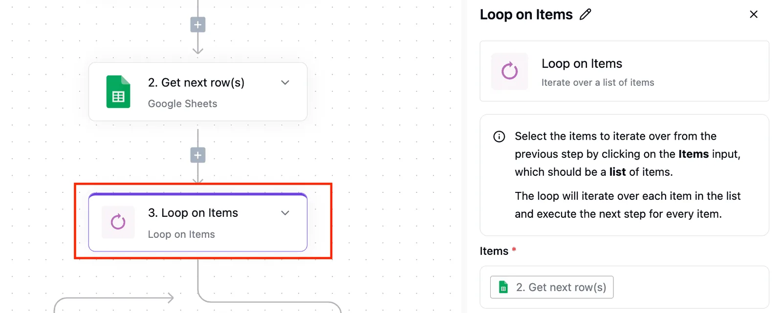 A workflow builder showing a Loop on Items step selected with its configuration panel open on the right.