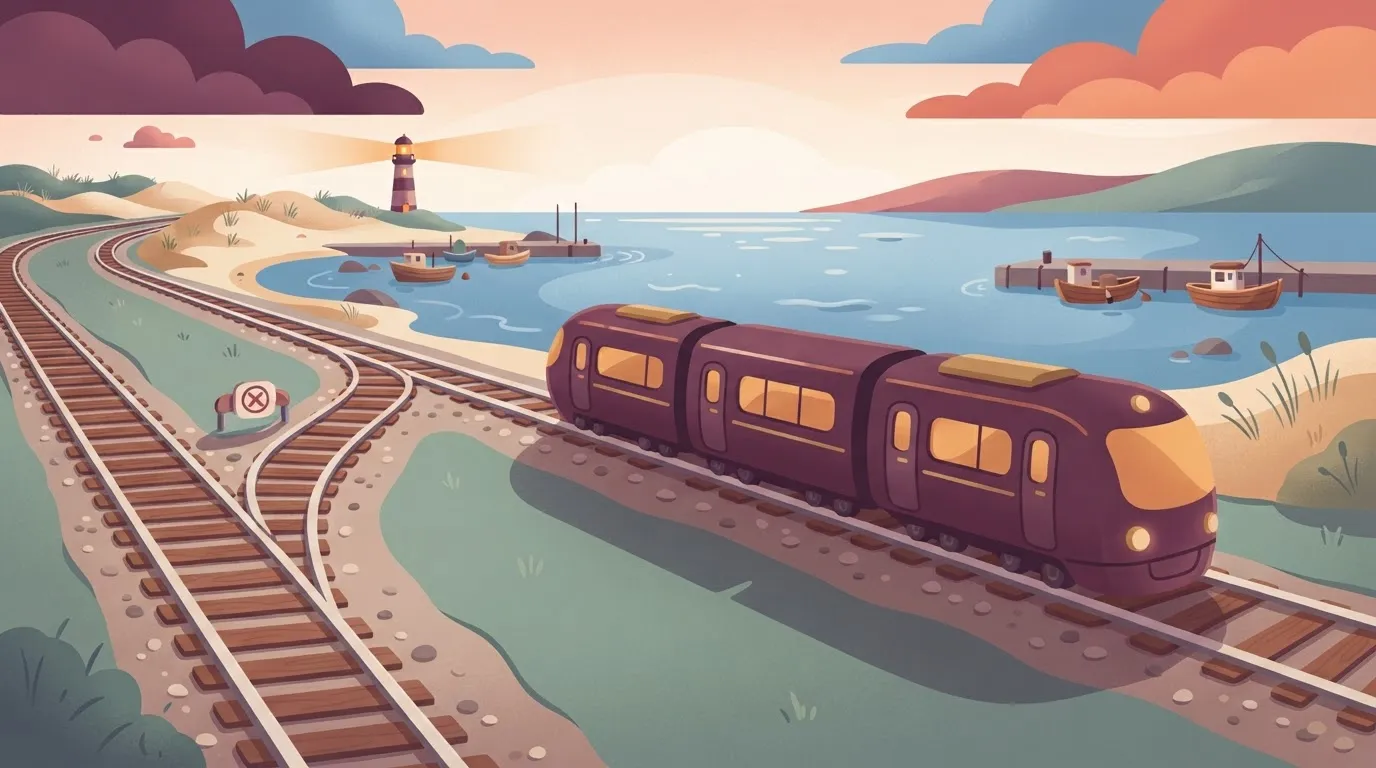 A railroad switch track where one path is blocked by a small 'closed' sign, and a train is smoothly gliding onto a…