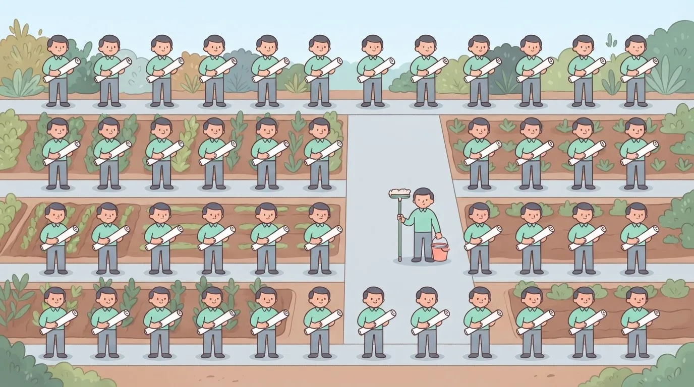 A group of forty identical engineers standing in a grid; thirty-nine of them are holding blueprints, while one is holding a…