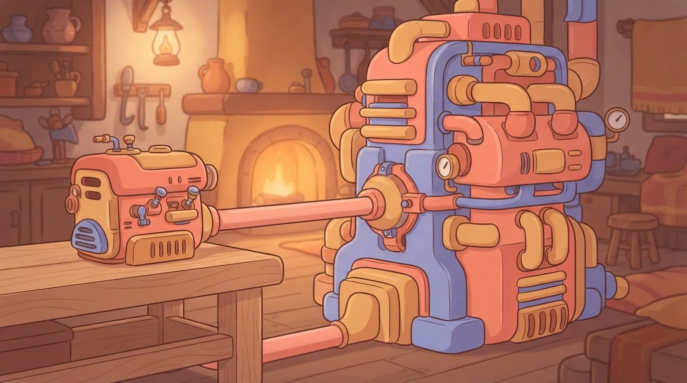 A small, sleek engine component sitting neatly beside a massive, complex machine, with a single clean pipe connecting them.