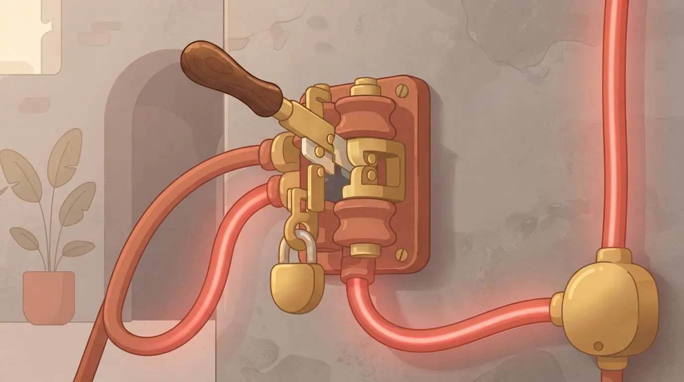 A giant, old-fashioned electrical knife switch mounted on a wall, with a thick padlock hanging through the handle to keep…