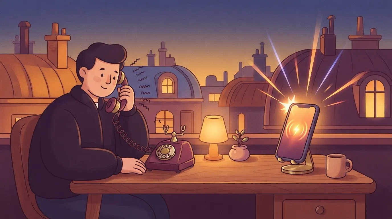 A desk with two phones: one phone has a handset held to a person's ear while they wait (polling), the other is a modern…