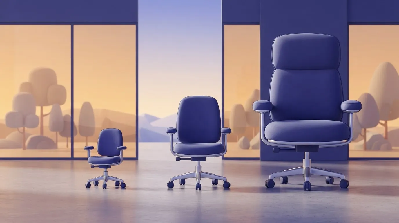 Three identical office chairs in a row, but the middle one is standard size, the left one is a child-sized miniature, and…