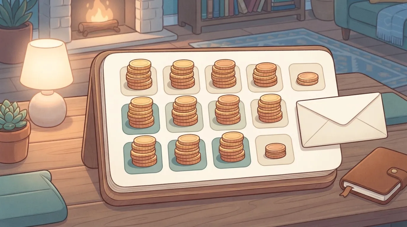 Twelve monthly coin stacks beside one smaller annual stack