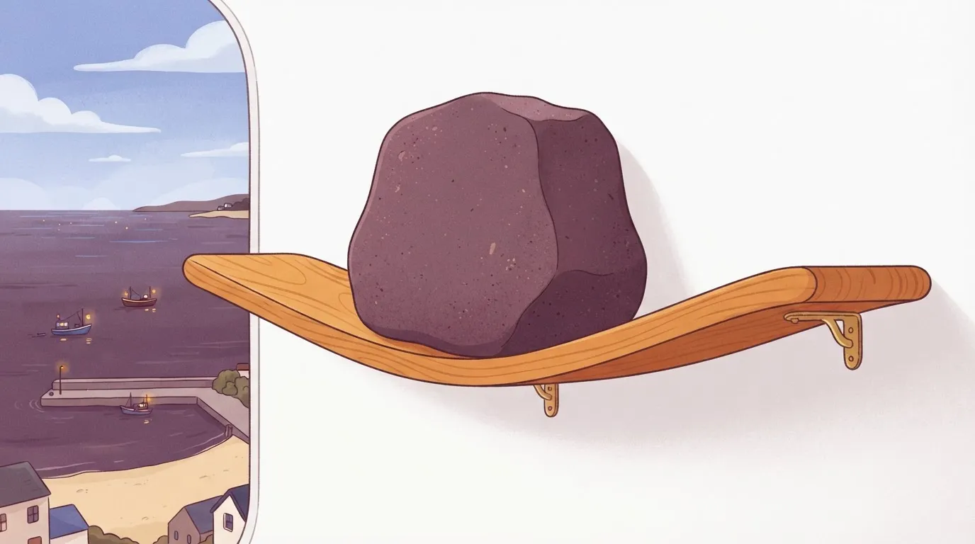 A hand-drawn shelf with a single, massive stone block sitting on it, causing the wooden shelf to bow deeply in the middle…