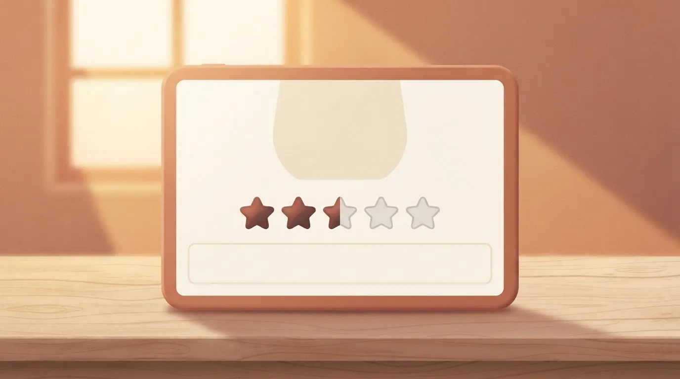 A digital screen displays a product page featuring a row of five stars, with the first three stars shaded dark and the…
