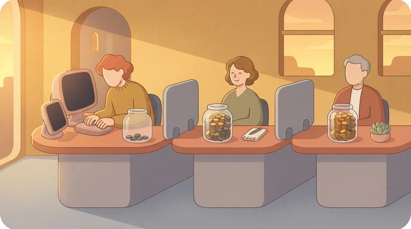 Team seats with separate credit jars, one empty