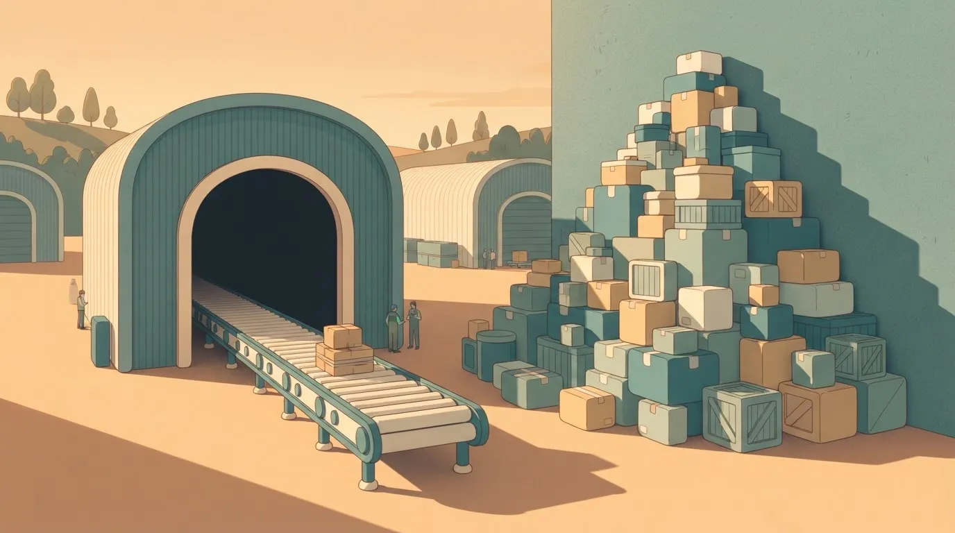 A narrow physical conveyor belt leading into a room; a mountain of boxes is piled up at the entrance waiting for the belt…