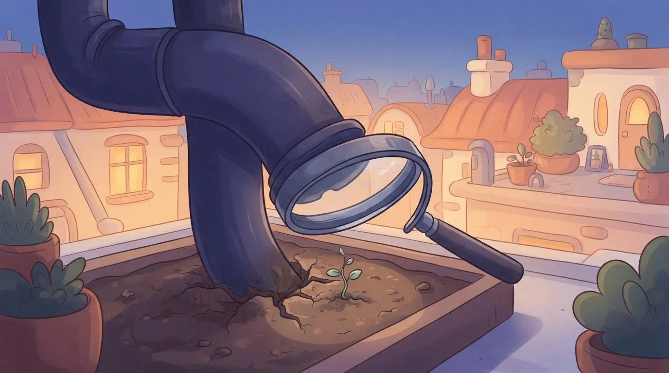 A magnifying glass positioned over a tiny seedling, but the glass's handle is a heavy, thick pipe that is crushing the soil…