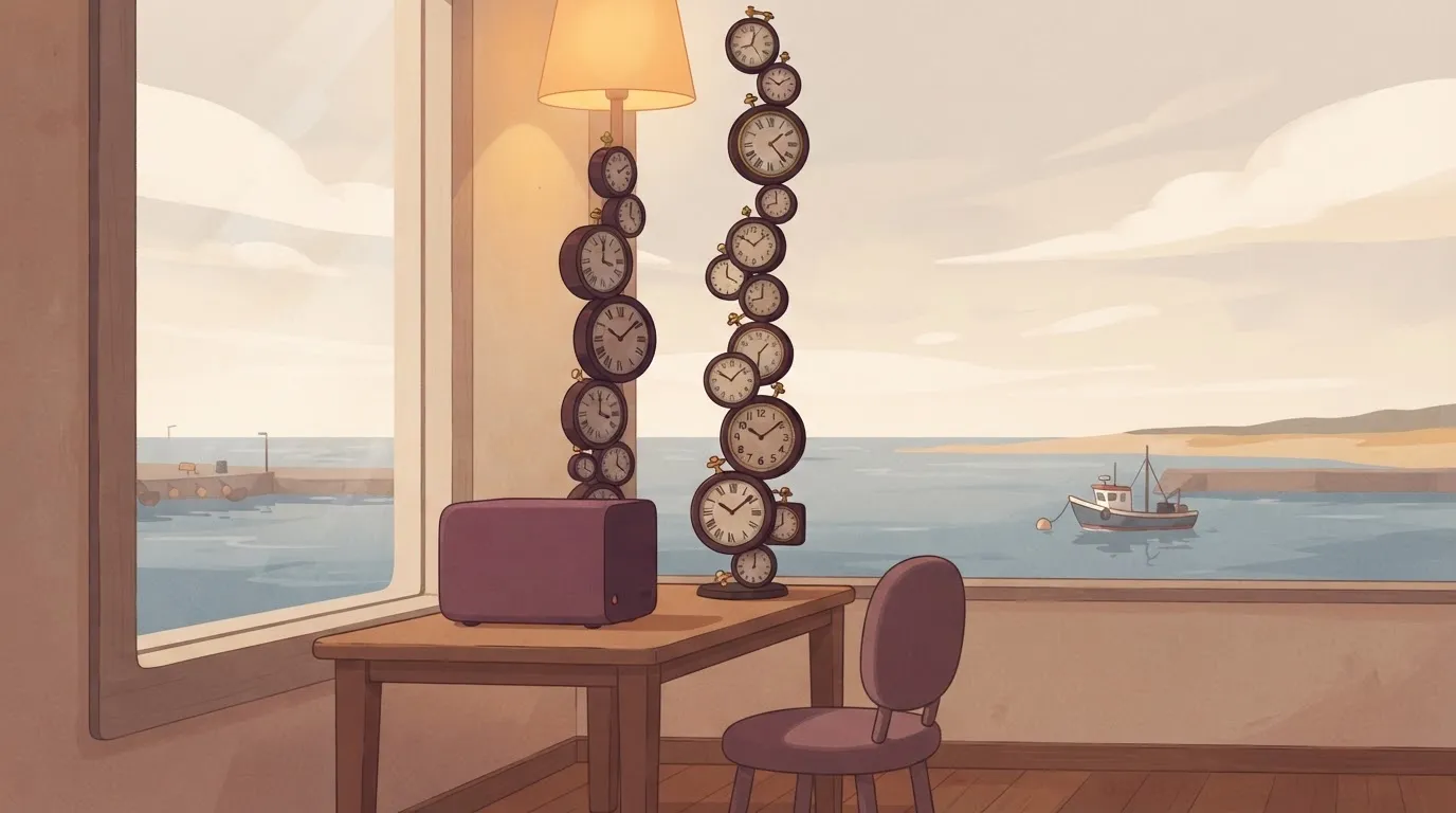 A tiny server next to a tall stack of clock faces