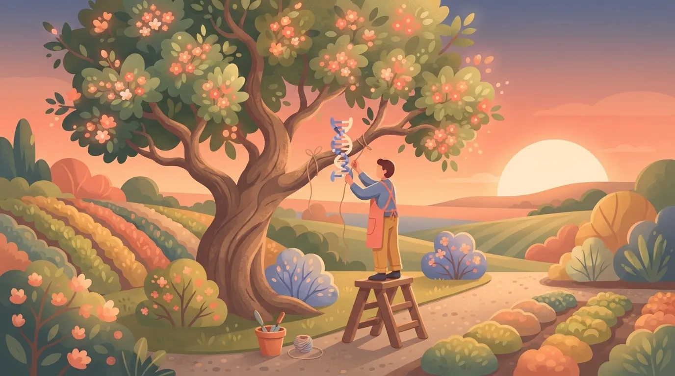 A small figure in a gardener's apron carefully grafting a new branch onto a large, complex tree, while the rest of the tree…
