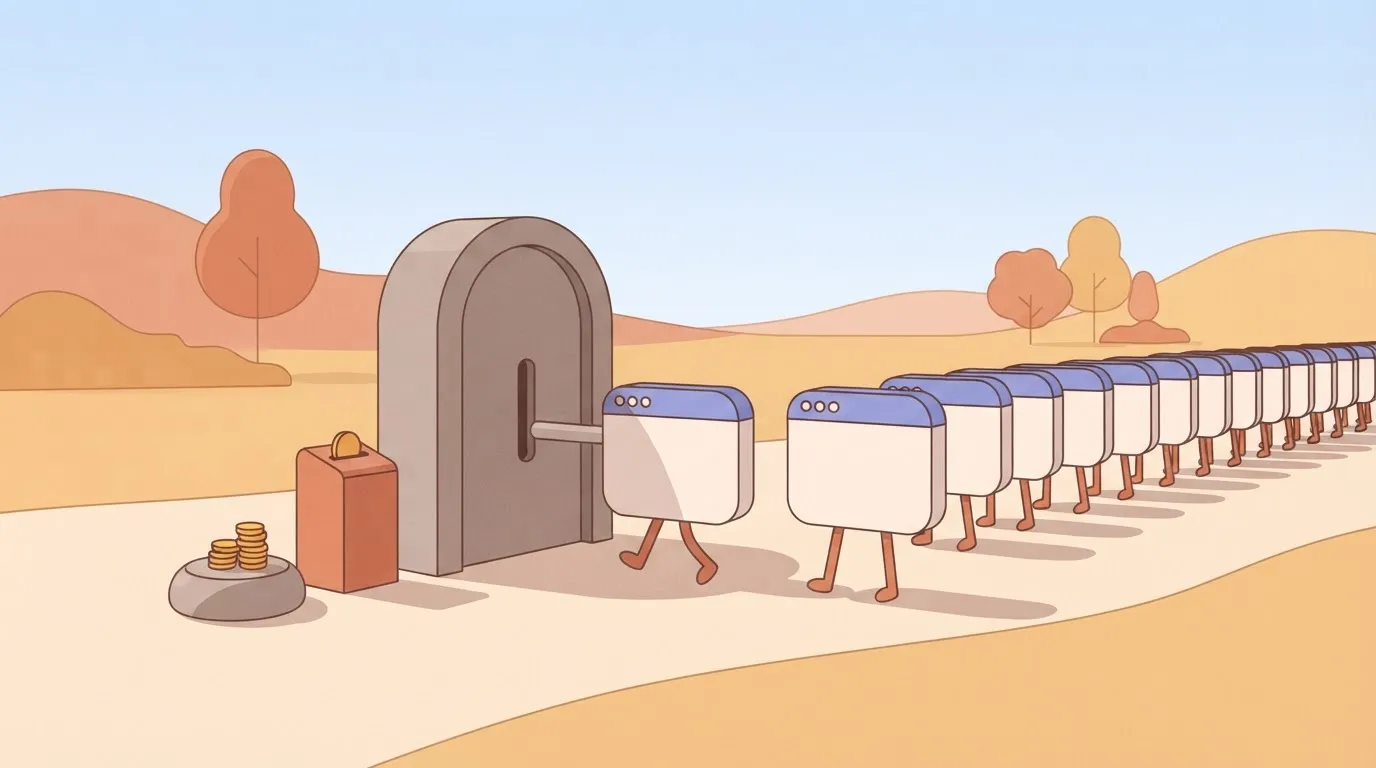 Many small browser windows queue at a one-person turnstile.