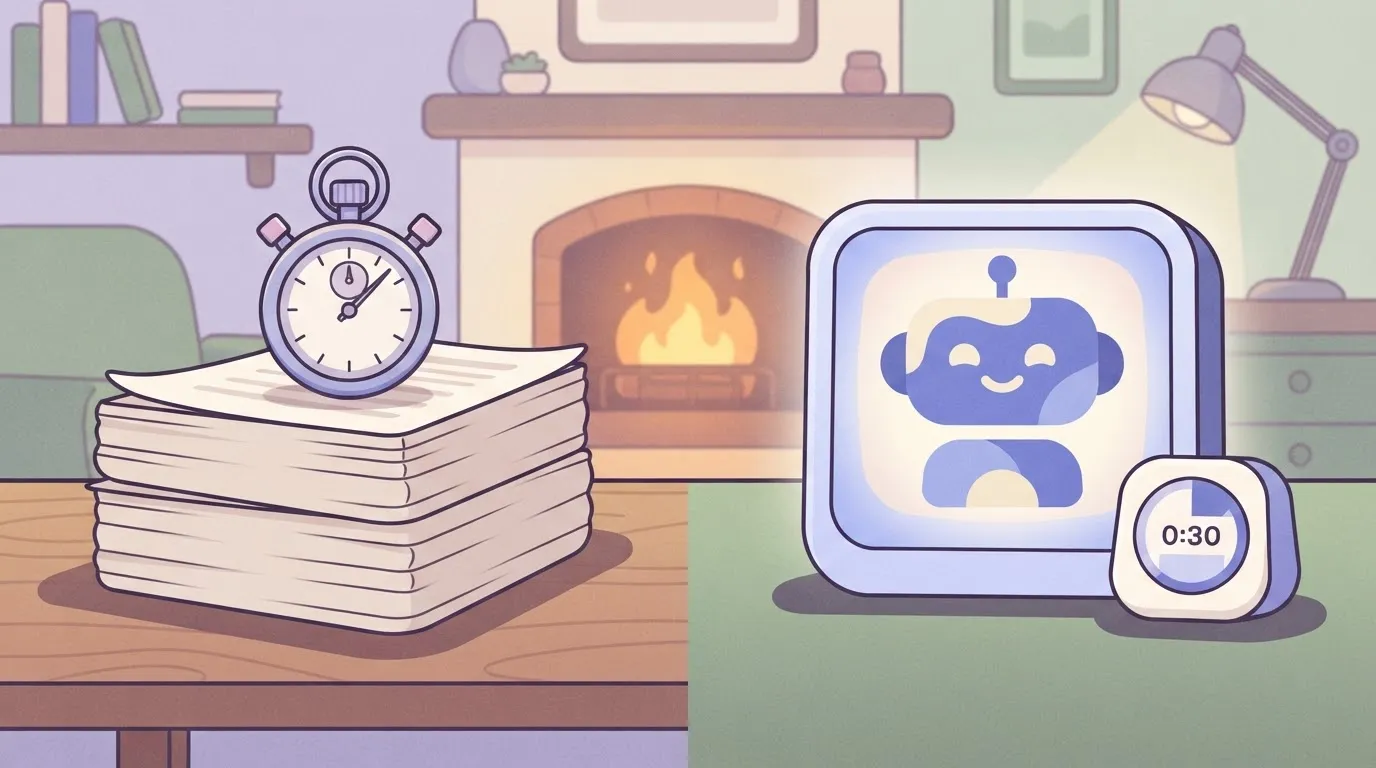 A side-by-side comparison of two document stacks: a 50-page contract being reviewed by a stopwatch, and a digital AI Agent…