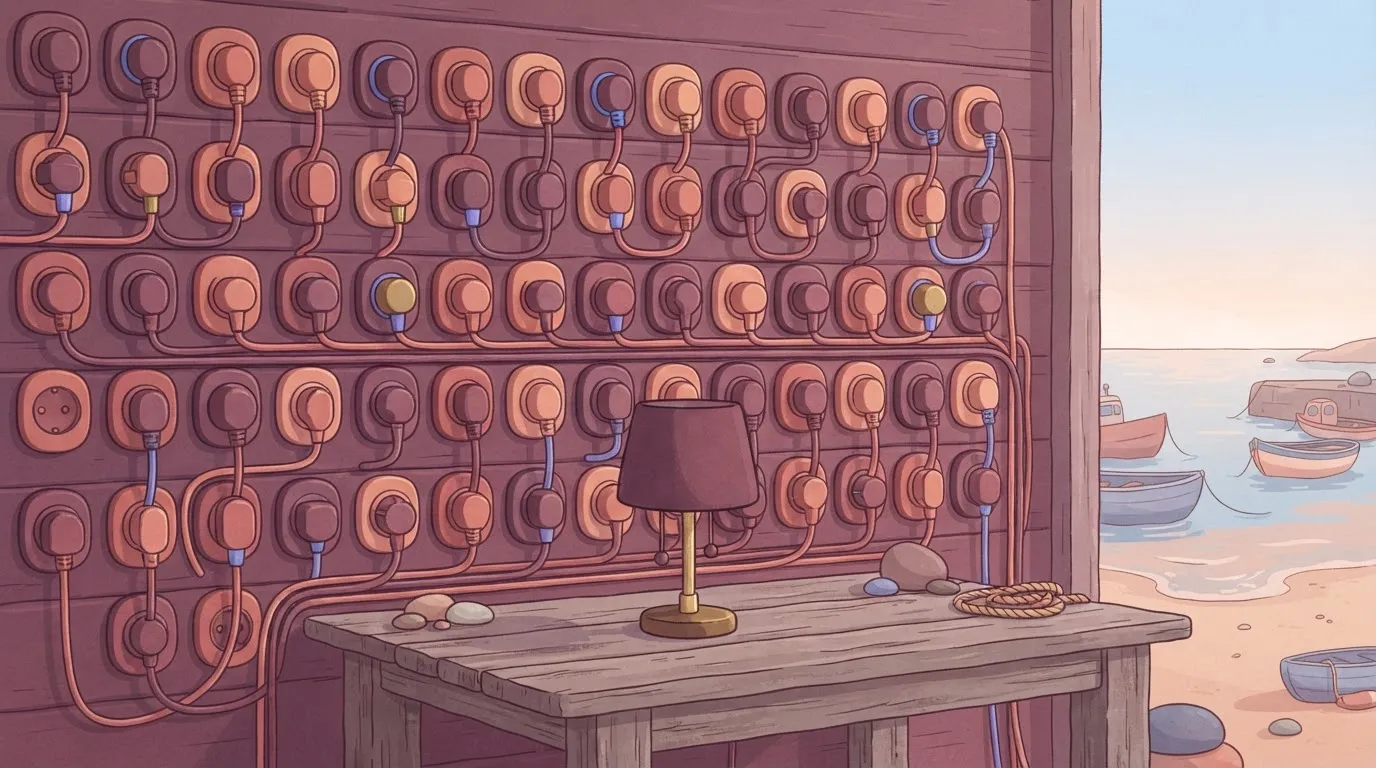 Wall of plugged-in sockets with a dark lamp in front