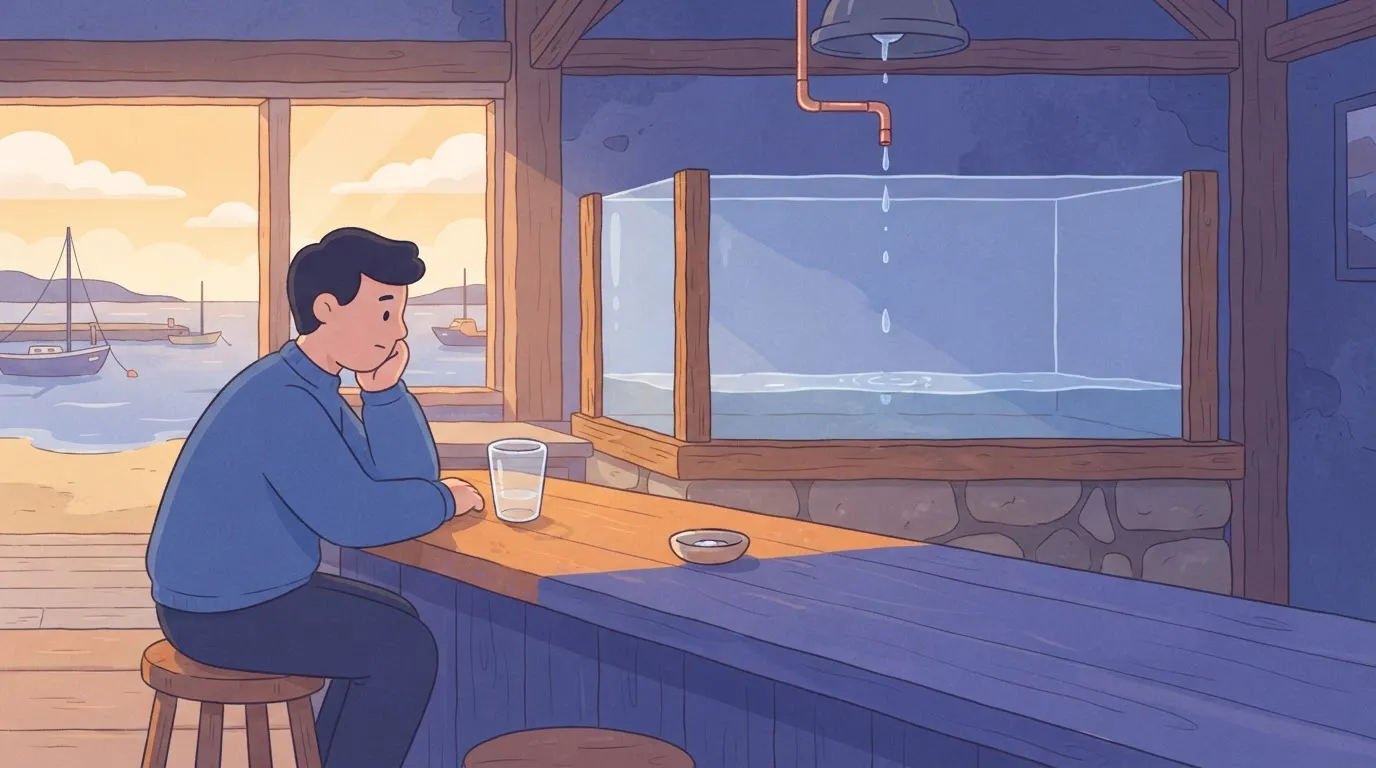 A mostly empty glass beside a slowly filling large tank