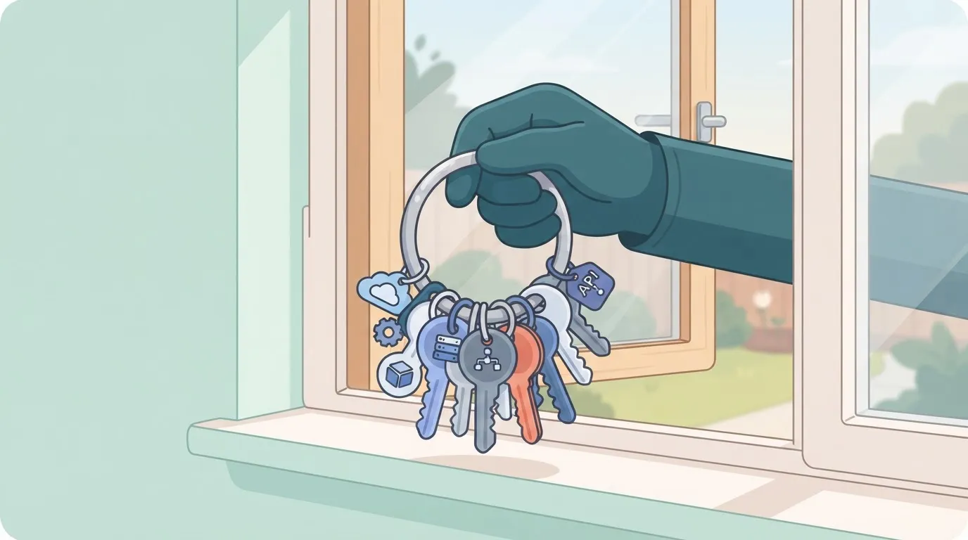 A large, heavy keyring labeled with the names of external services, held by a gloved hand reaching in through a window from…