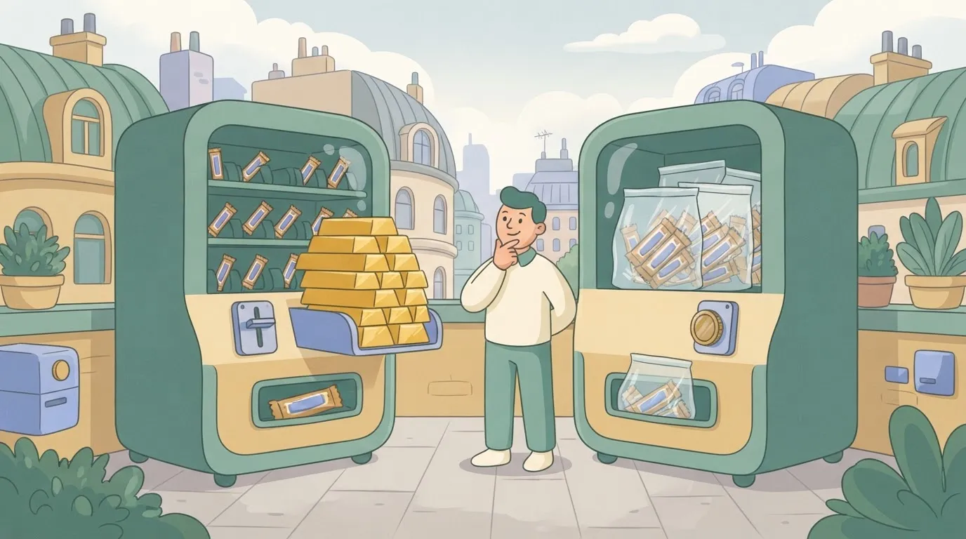 A vending machine where a single candy bar costs a stack of gold bars, while next to it, a large bag of the same candy…