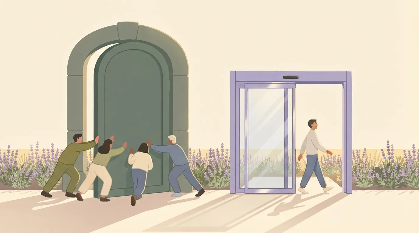 A massive, slow-moving heavy door being pushed by several people, while a small, sleek automated sliding door next to it…