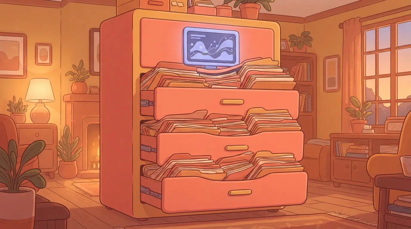 A massive, overflowing filing cabinet where the top drawer is a small, high-tech computer screen that is being crushed by…