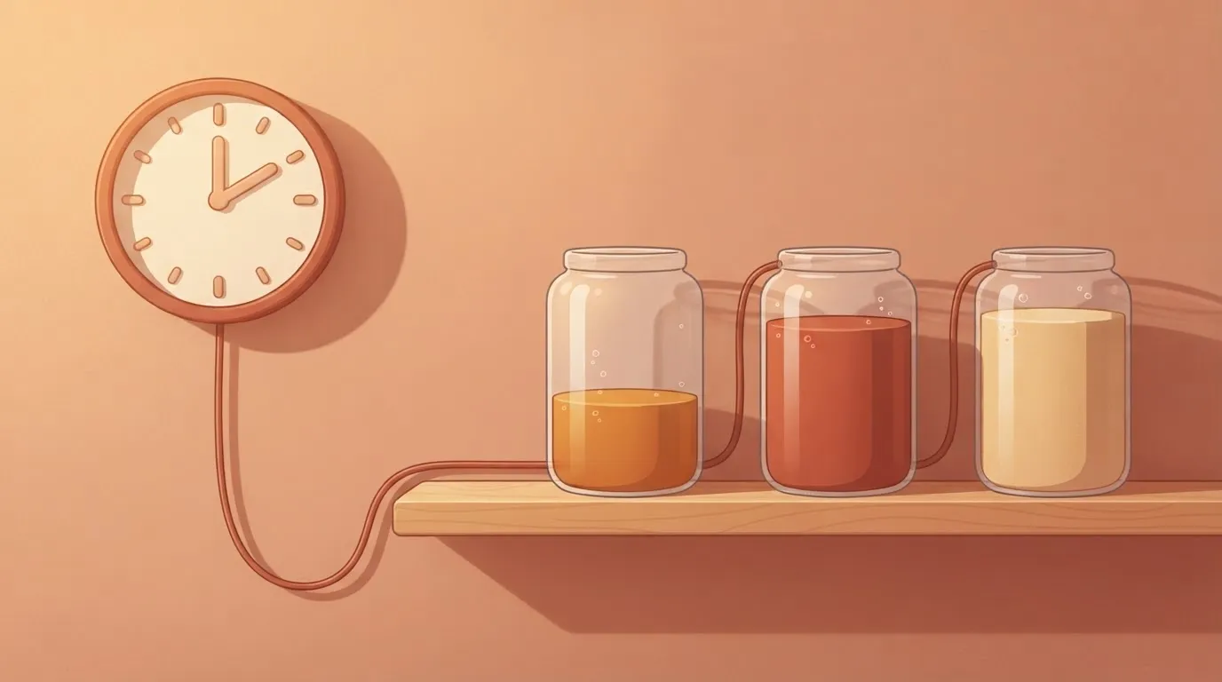 Clock linked to three jars filled to rising levels