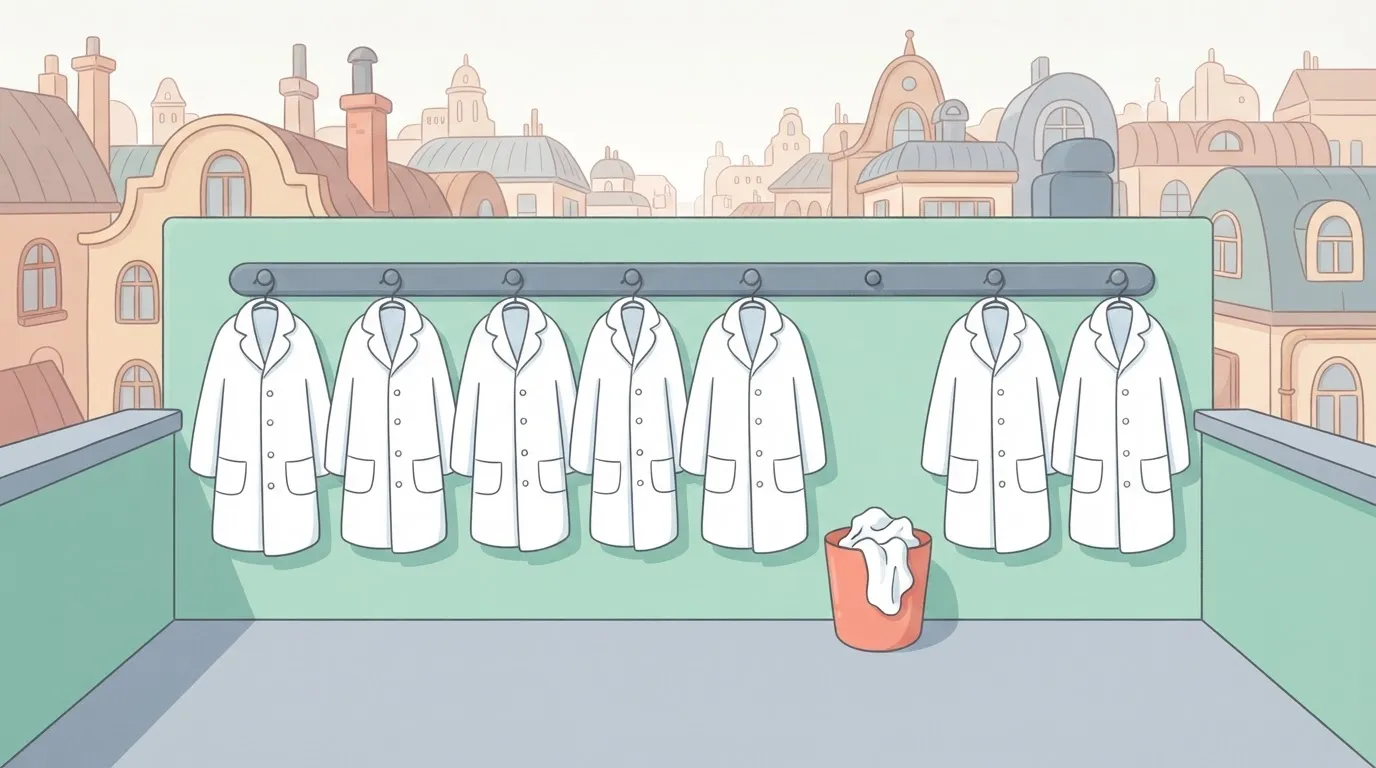 A row of identical, pristine white lab coats hanging on hooks, with one hook being empty and a nearby trash bin containing…