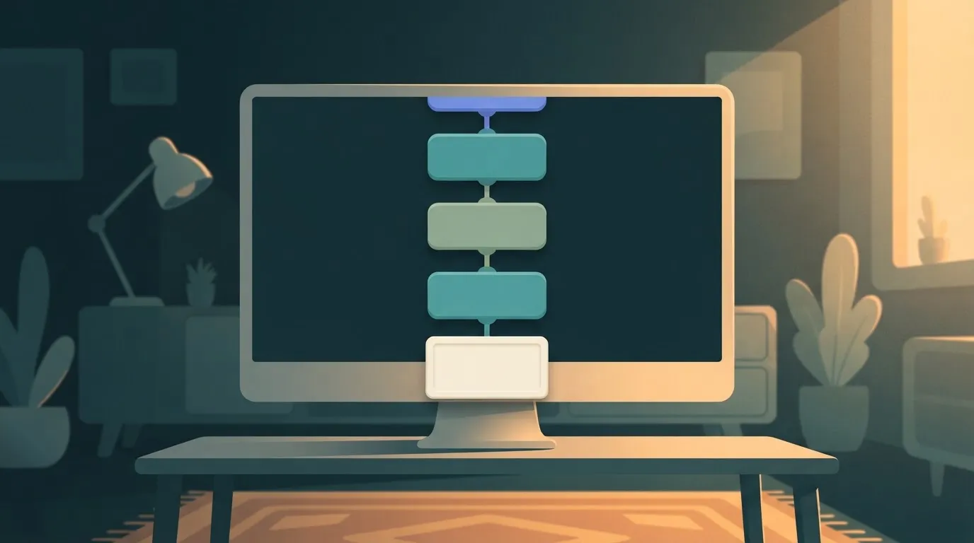 An Activepieces workflow canvas on a monitor in a dark room: a short chain of step boxes where the search and fetch step…