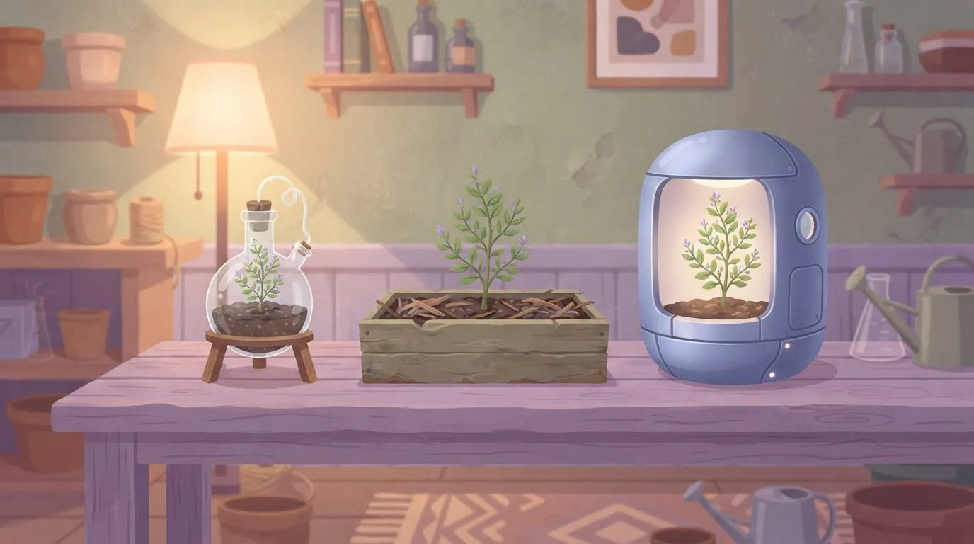 A single, identical plant growing simultaneously inside a glass laboratory flask, a wooden garden box, and a high-tech…