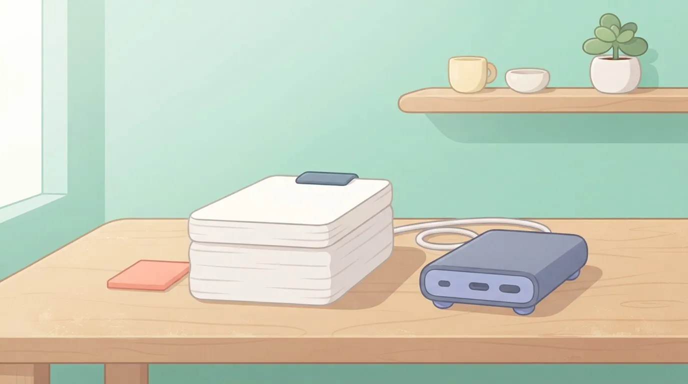 A stack of paper proprietary documents and a hard drive representing local hardware sitting on a wooden desk.