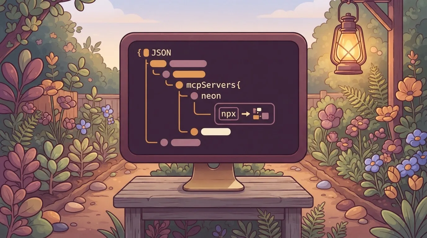 A close-up of a computer screen showing a JSON file with a nested 'mcpServers' object and a 'neon' server entry containing…