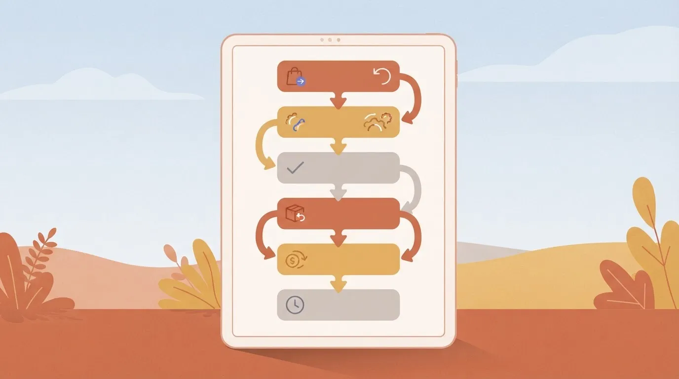 A digital screen showing a vertical sequence of rectangular boxes connected by arrows, representing a Shopify admin logs…