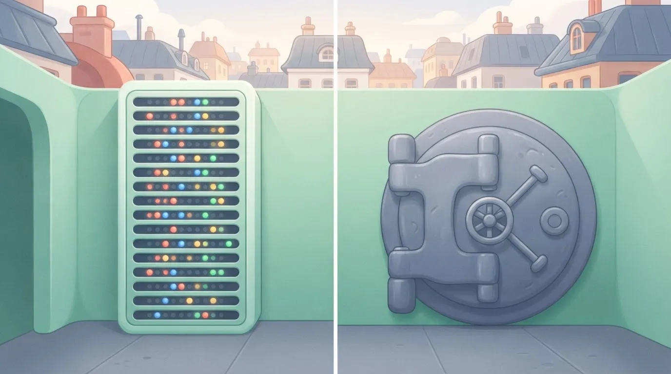 A split-screen comparison: on the left, a tall panel with dozens of horizontal slots rapidly flickering with small, glowing…
