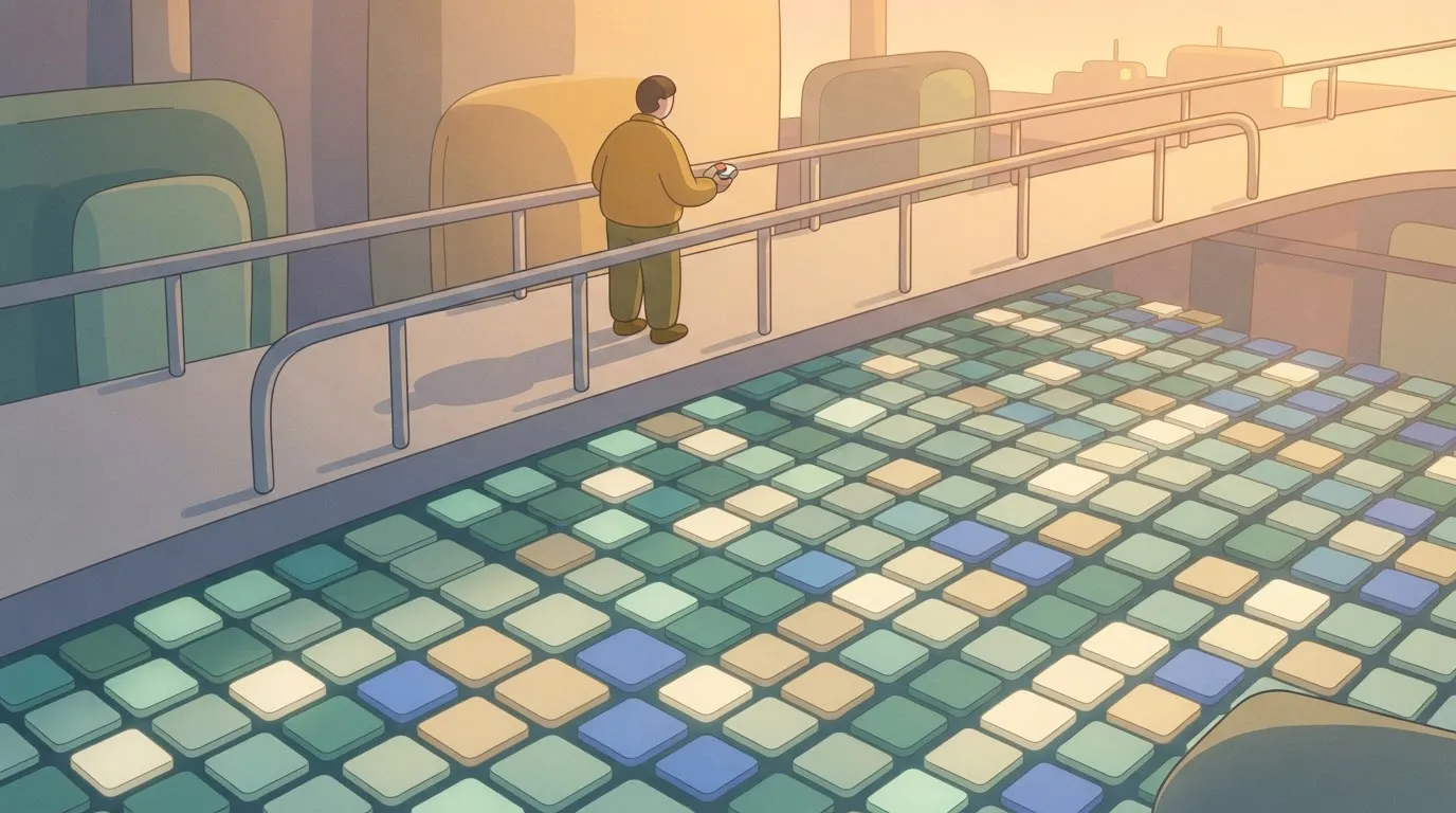 A person standing on a high catwalk looking down at a vast grid of glowing squares, holding a single remote with one…