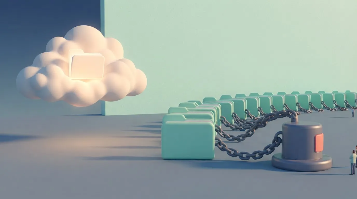 A single glowing folder floating in a generic cloud, while a long line of identical folders are tethered by heavy steel…