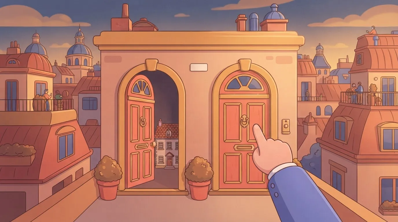 Two near-identical doors, hand on the wrong bell