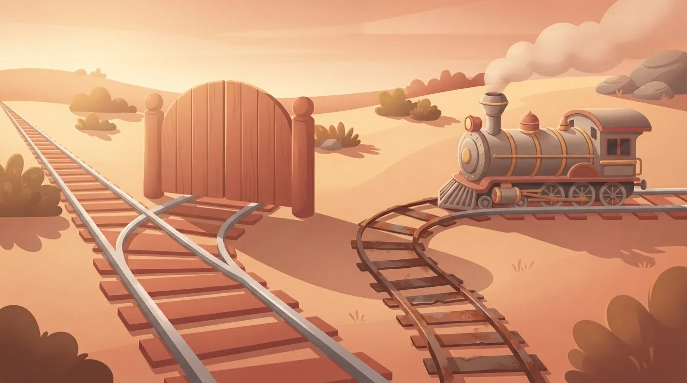 A high-speed train track that ends abruptly at a closed gate, with a small, rusty side-track curving off just before the…