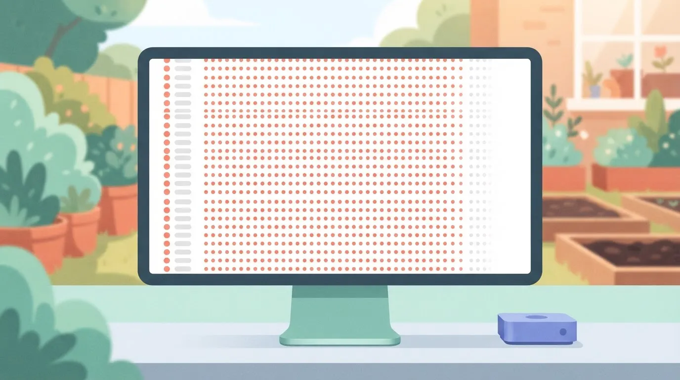 A computer monitor displaying a vertical list of 400 identical rows, each row containing a small circular icon next to a…