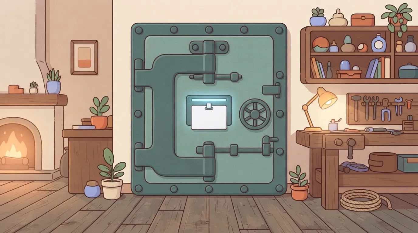 A heavy, industrial vault door standing in the middle of a room, but instead of a combination dial, the only way to open it…