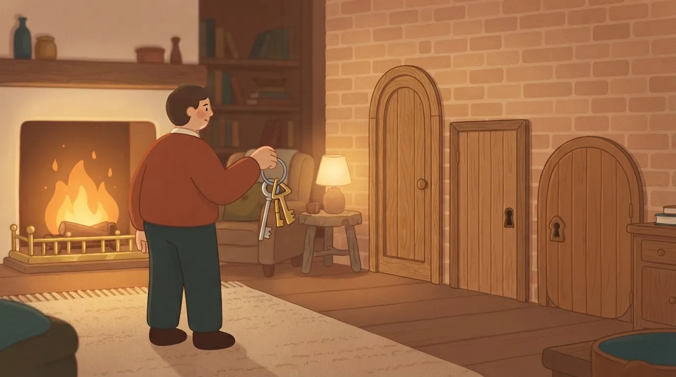A key ring with three differently shaped keys beside three different doors