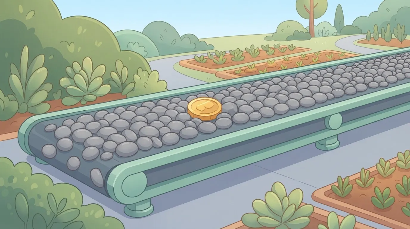 A conveyor belt carrying thousands of identical grey pebbles, with a single gold coin appearing in the middle of the flow.