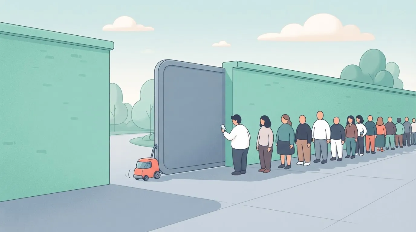 A large, heavy gate being pushed open by a tiny motor, with a long line of people waiting behind the gate for it to clear…