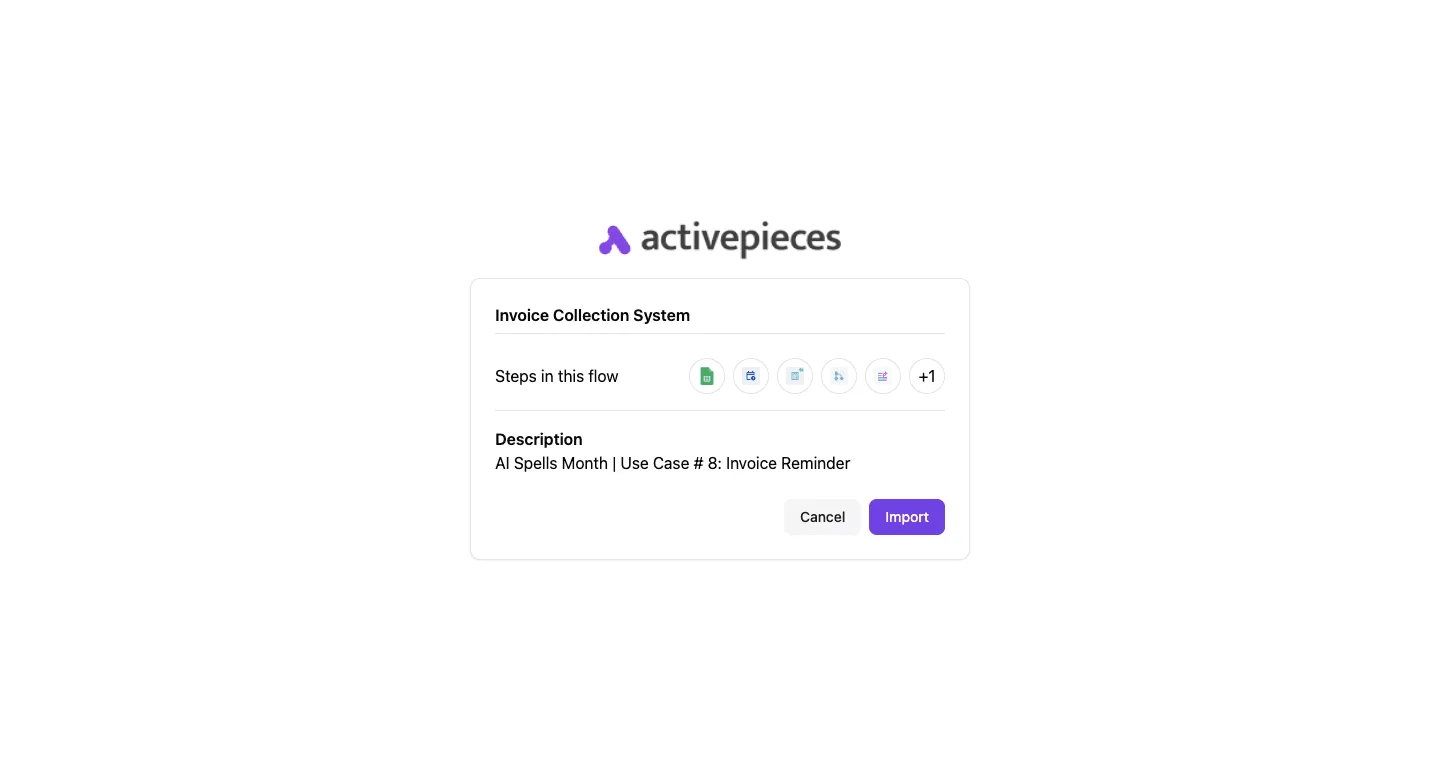 Import dialog for an Invoice Collection System workflow template with steps preview and description.