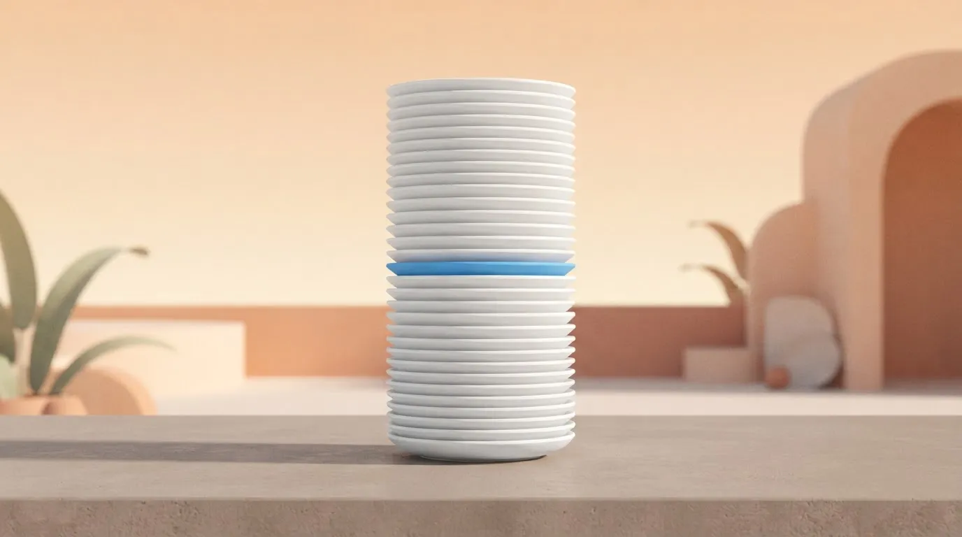A single tall stack of identical white plates.