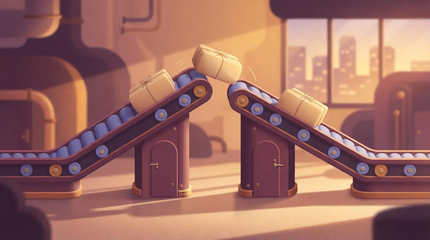 Two identical conveyor belts facing each other; a package reaches the end of one belt and is immediately dumped onto the…