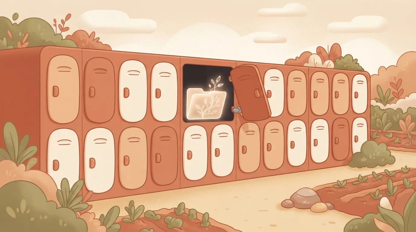 A wall of identical storage lockers where most doors are closed, but one locker door is hanging off its hinges, revealing a…