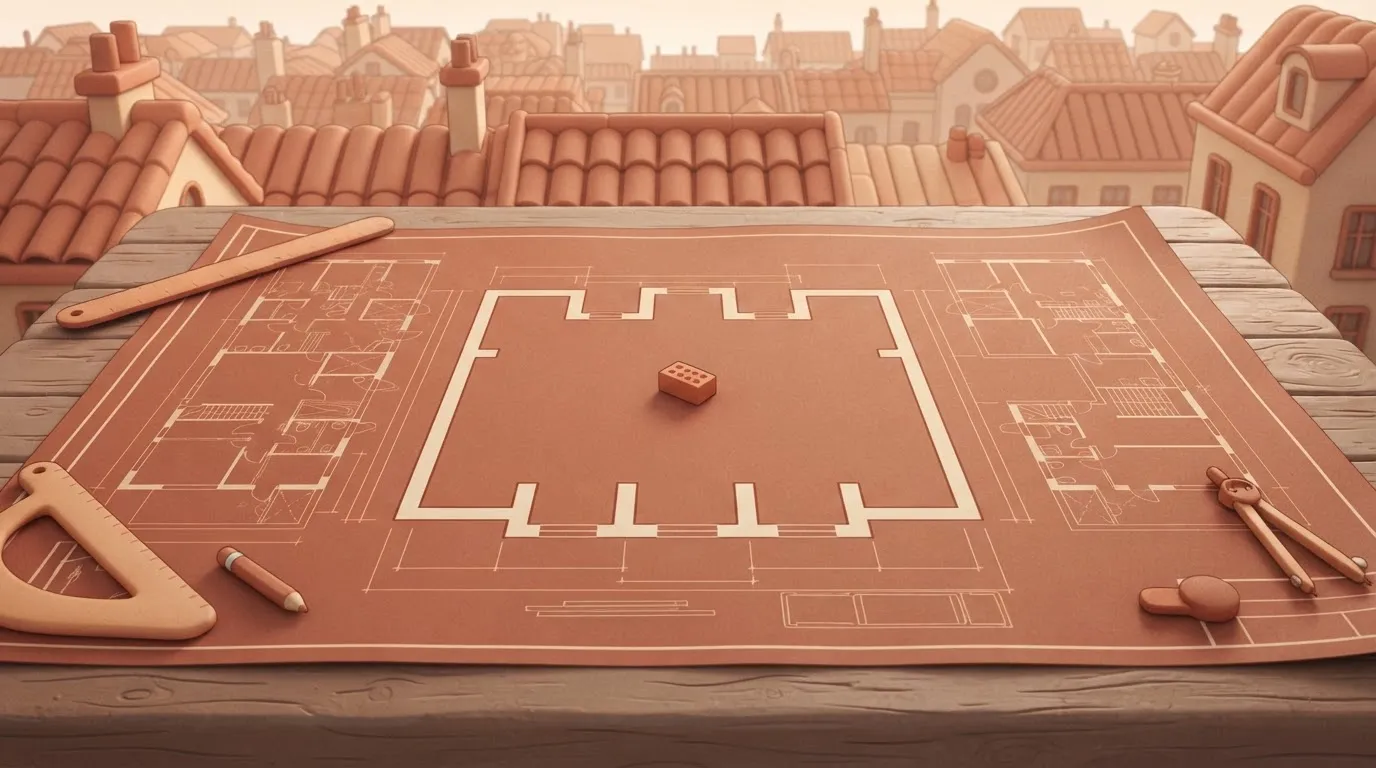 A large, detailed blueprints spread across a desk, with a tiny, single completed brick sitting in the middle of a massive…