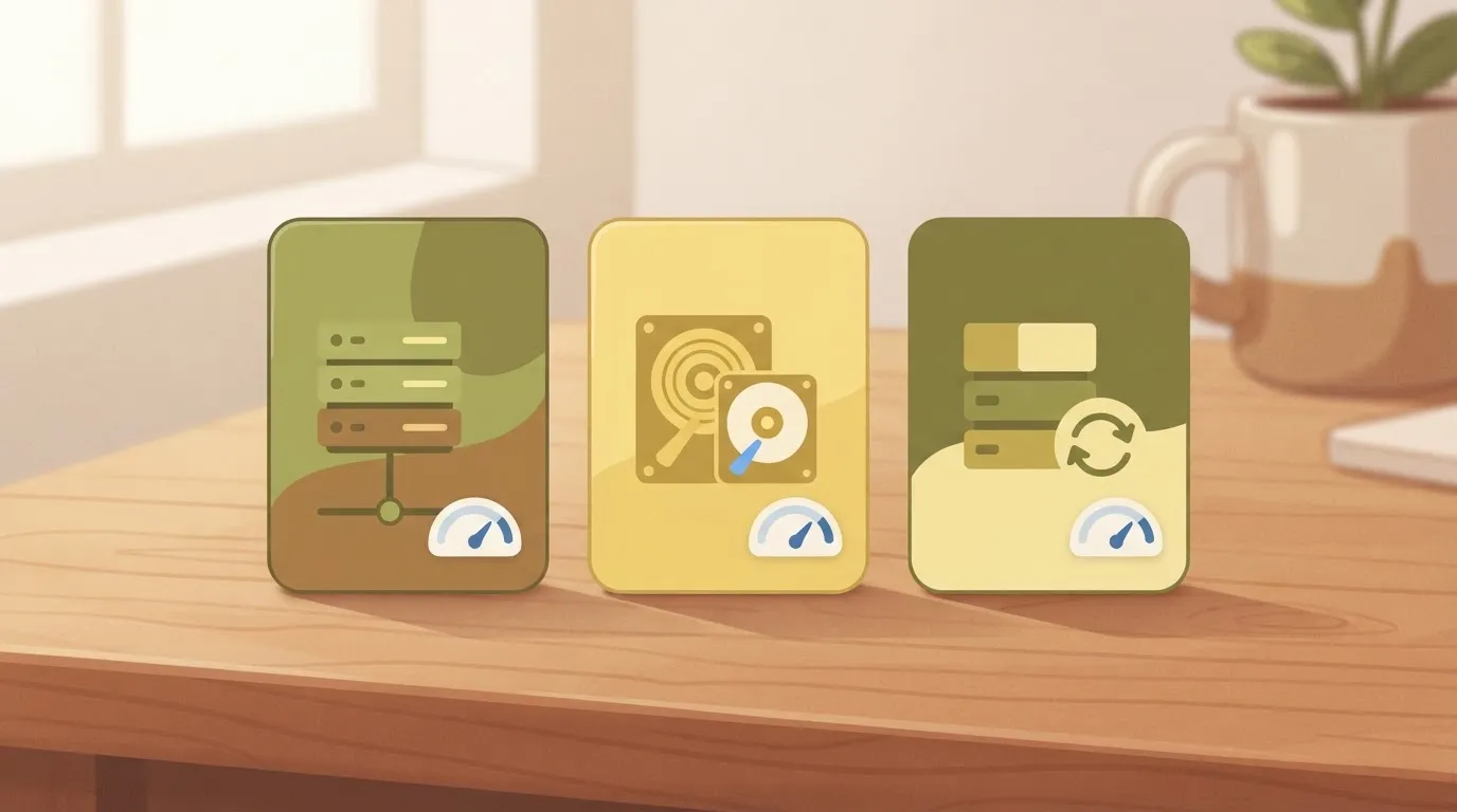 Separate cards for compute instance, storage and backups with gauges