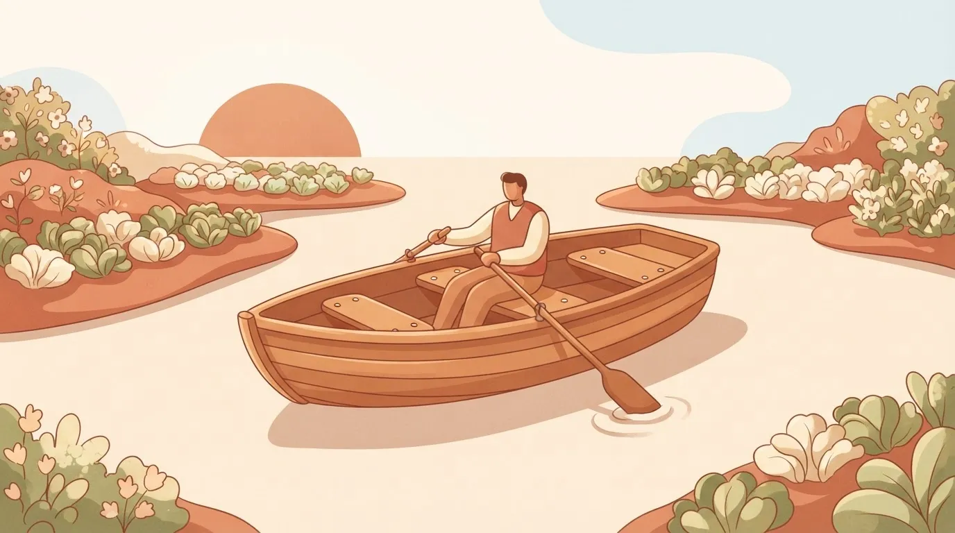 A small rowboat built with three identical wooden seats, but only one person is sitting in it, rowing alone while the other…